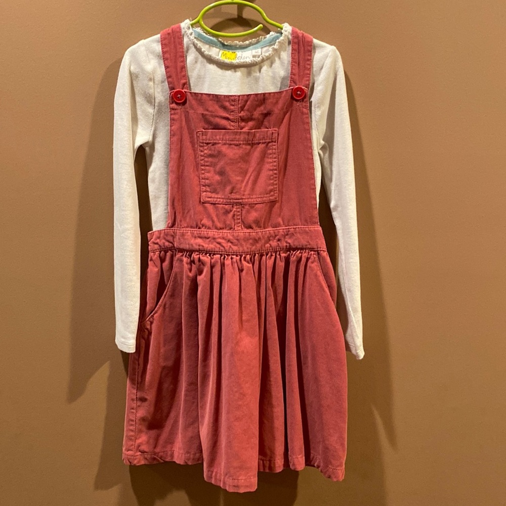 Mini Boden corduroy jumper with white ribbed shirt.  Dress size 9/10. Shirt 7/8